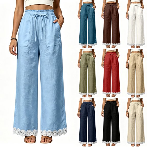 Women's Lightweight Lace Hem Beach Pants Ruffle Elastic Waist Wide Leg Palazzo Pants Textured Summer Pockets Casual Pants Fashion Bottoms White
