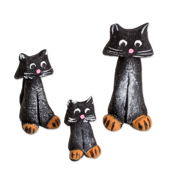 NOVICA Ceramic figurines, 'Black Cat Family' (Set of 3)