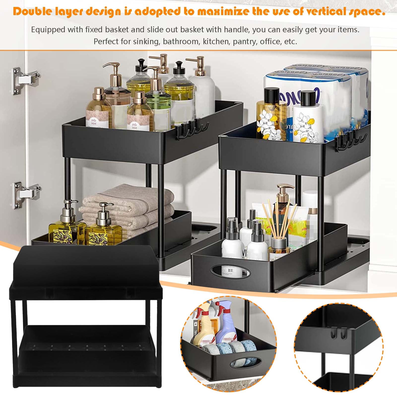 Home Edit Storage Floweek Double Layer Sink Storage Box Bathroom Kitchen Lockers Bottom Slide Out Basket With Hook Handle Cabinet Basket Storage Drawer Narrow Slot Shelf Black One Size F4139