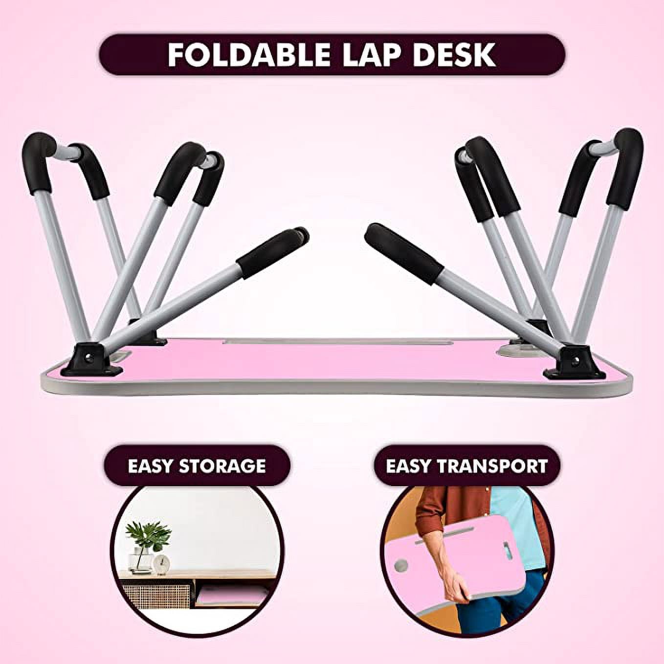 MavoCraft Laptop Desk for Bed - Lap Table with iPad Slot & Cup Holder - Portable Wood Lap Desk for Sofa & Bed for Adults & Kids - Adjustable Tablet & Laptop Stand for Comfortable Use (Pink)