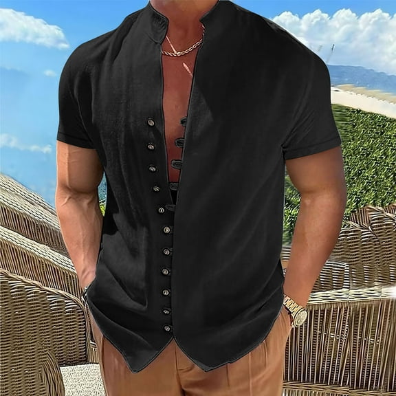 Ofreoo Men Casual Stand Collar Short Sleeve Button Closure Shirt Hawaii Blouse T-shirts for Men Pack