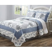 Legacy Decor 3 PCS Quilt Bedspread Coverlet Blue and White Floral Patchwork Design Microfiber Full Size