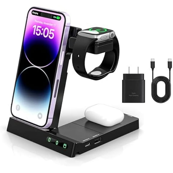 FU19996 in 1 Wireless Charger Charging Station,Folding Stand Dock for Samsung Galaxy & iPhone 15 14 13 12 11 X XR XS Pro Max 8 Plus SE for Samsung & Apple Watch and Earphones AirPods 2/3/Pro