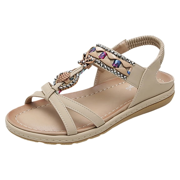IUJSOY Womens T-Strap Beaded Summer Beach Sandals Comfort Walking Shoes Bohemian Flats Sandals
