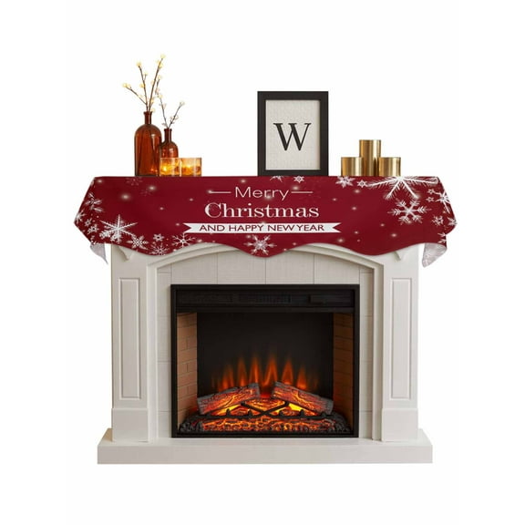 Christmas Snowflakes Red Fireplace Mantle Scarf, Modern Winter Xmas New Year Mantel Cover Table Runner for Home Living Room Door Window, Indoor Outdoor Holiday Party Decor 17" x 60"