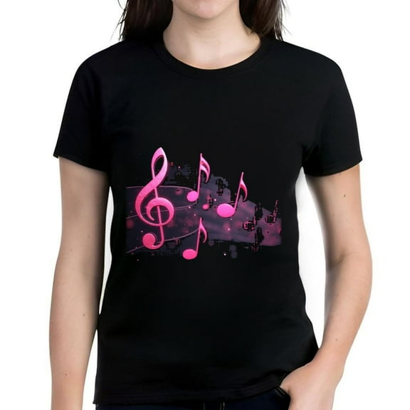 Women's Cotton Short Sleeve T-Shirt with Vibrant Pink Treble Clefs & Musical Notes Design on Dark Background - Rhythm Theme