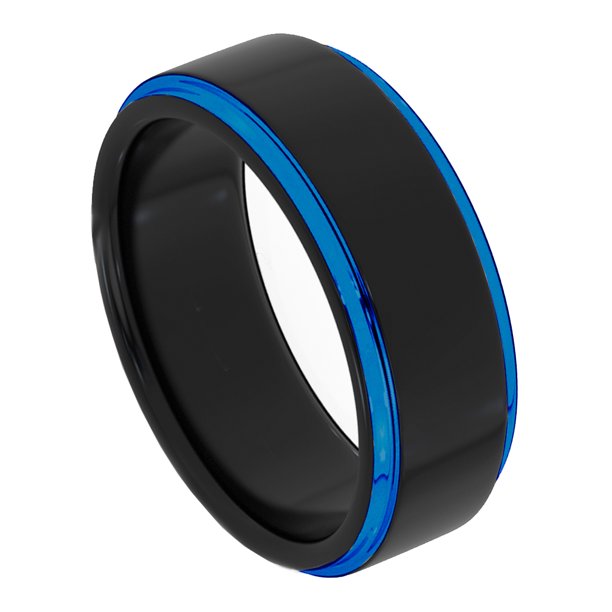 Tungsten Wedding Band Ring 8mm Men's Engagement Blue Edges Black Brushed Center Lifetime