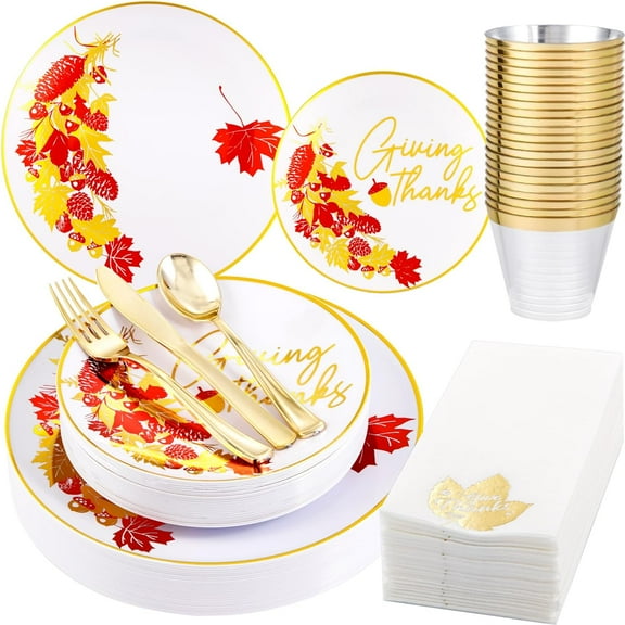 175pcs Thanksgiving Plastic Plates - White and Gold Disposable Plates include 25 Dinner Plates-25 Dessert Plates-25 Knives-25 Forks-25 Spoons-25 Cups-25 Napkins for Thanksgiving Party