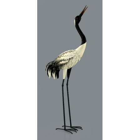 Black And White Metal Heron With Head Up Statue