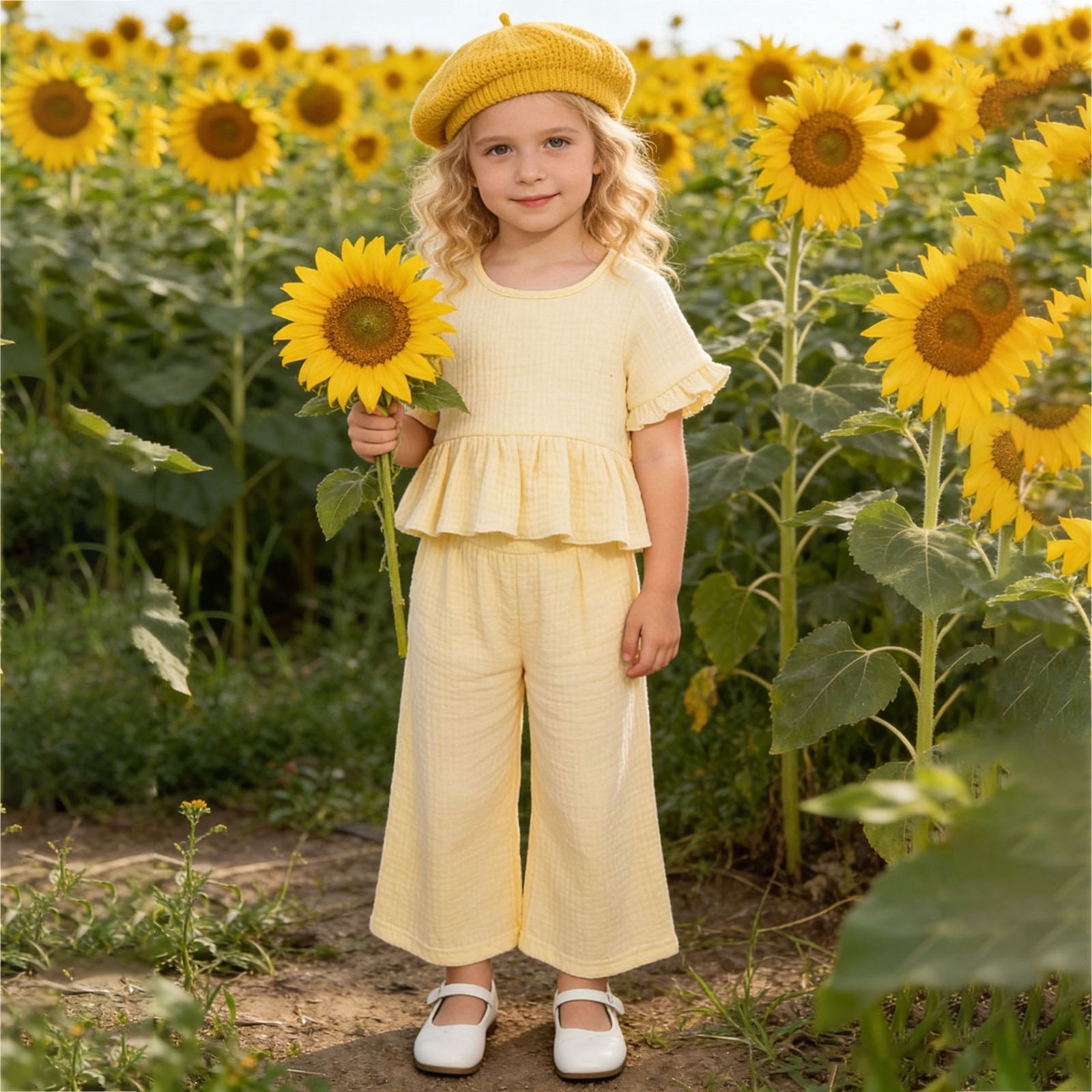 Faraee Toddler Girls Linen Outfit Ruffle Sleeve Shirt Wide Leg Pants Clothes Baby Girl Summer Beach 2 Piece Clothing Set 2t 3t 4t 5t 6t 7t Beige