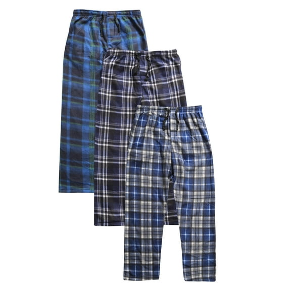 Active Club Plaid Fleece Mens Pajama Pants 3 Pack - Mens Fleece Pajama Pants - Mens Lounge Pants with Pockets - Mens PJ Bottoms (Blue Plaid 3-Pack, Large)