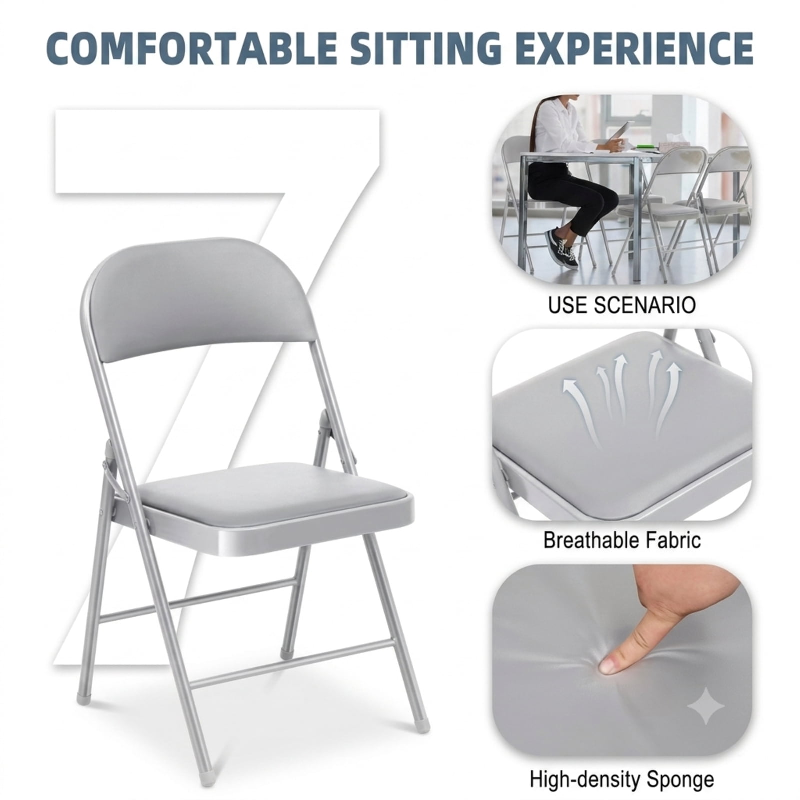 Fenbeli Fabric Padded Folding Chairs 4 Pack, Gray Foldable Chairs with 330 lb Capacity, Portable Seating for Dining Parties and Indoor Outdoor Events