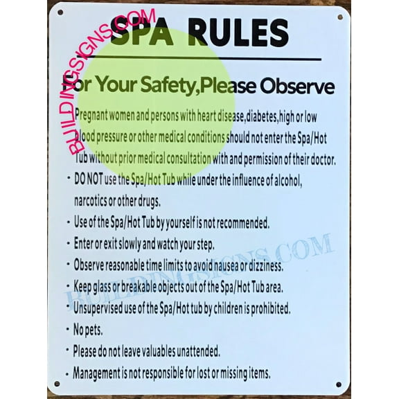 SPA RULES SIGN WHITE BACKGROUND (8.5X11,SILVER,ALUMINUM) -ref15822