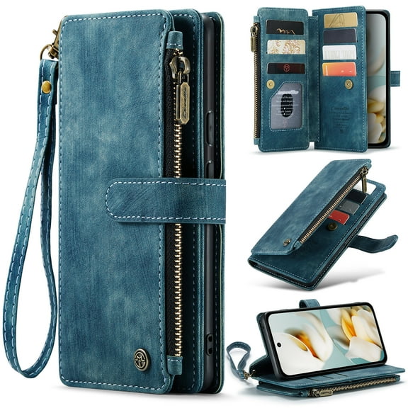 ELEHOLD for Google Pixel 10 Pro XL Wallet Case, Premium Leather Shockproof Credit Card Slots Zipper Pocket Purse Case with Wriststrap for Men Women ,Blue