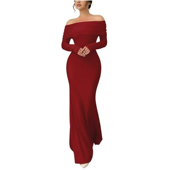 Women's Elegant Dress Long Sleeve Maxi Dress Off Shoulder Bodycon Dresses Formal Party Evening Dress Wine 2XL