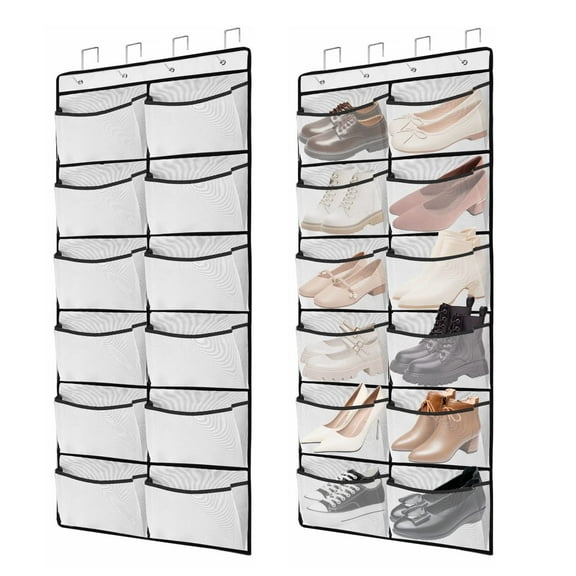 2 Packs Over the Door Shoe Organizer, 24 Extra Large Mesh Pockets Hanging Shoe Boots Rack Holder, Closet Hanging Organizers for Storage Sneakers High Heeled Shoes Slippers (White)