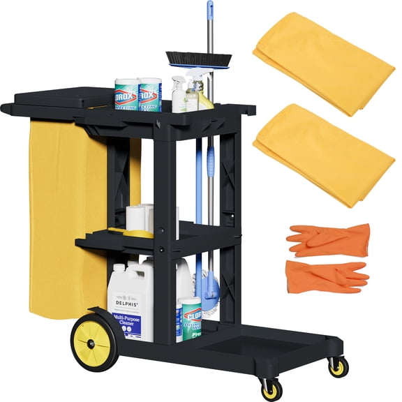 Cleaning Cart, 3-Shelf Commercial Traditional Janitorial Cart on Wheels, Plastic Housekeeping Cart, with Two 25 Gallon Yellow Vinyl Bag and Pair of Rubber Gloves, Black