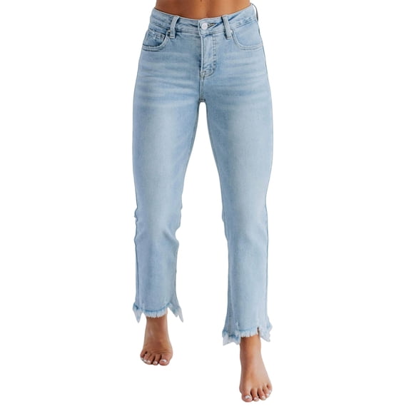 Women'S Jeans High Waisted Pants Summer Fashion Straight Leg Raw Hem Denim Pants Light Blue S