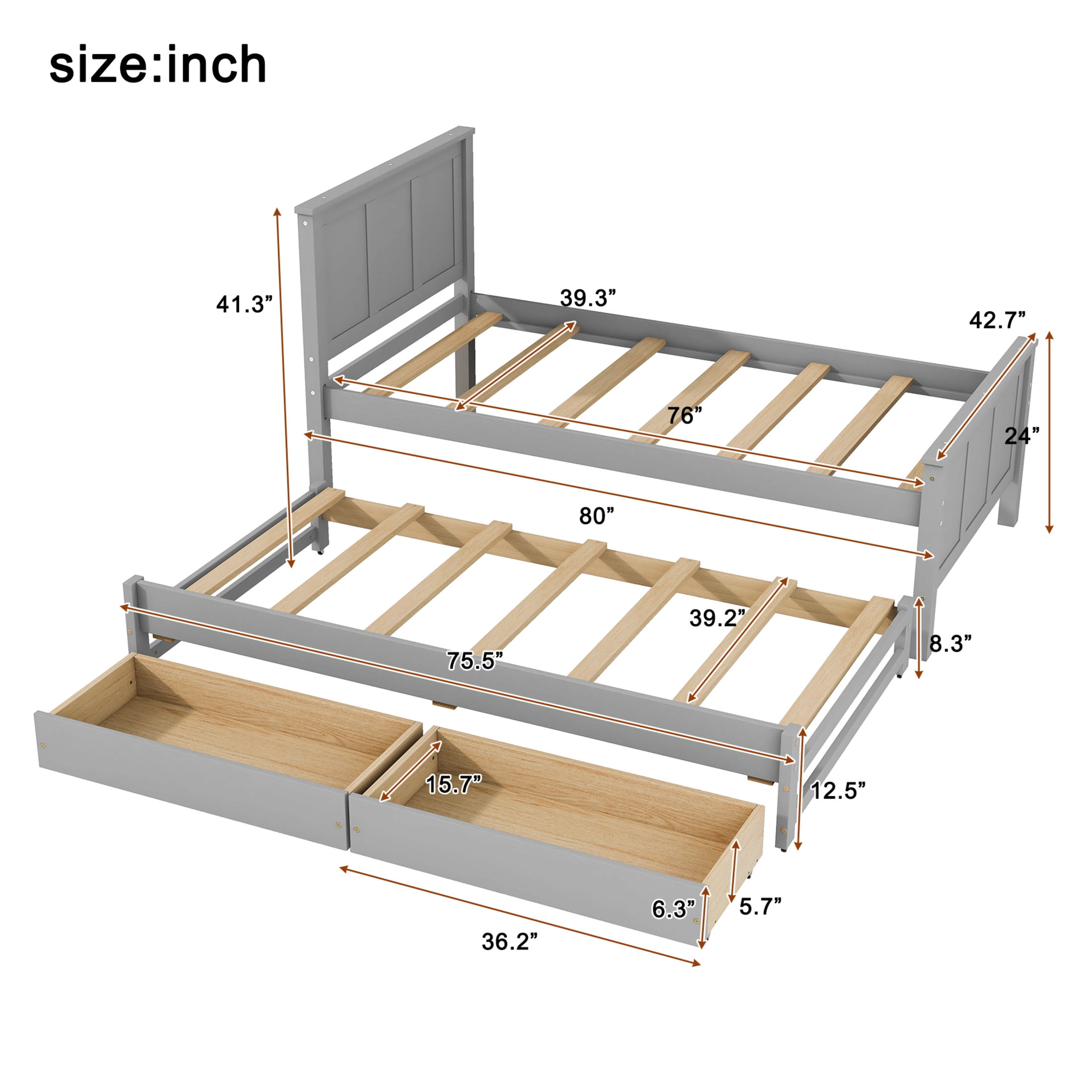 Noble House Udolf Twin Size Platform Bed with Trundle and Storage Drawers, Pine Wood Bed Frame, Gray