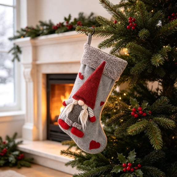 Christmas Gray Candy Stocking Ornament, 19 x 9 Inch Fabric Hanging Gift Holder with Loop, Holiday Tree Fireplace Mantel Decor for Home Party, Seasonal Christmas Display