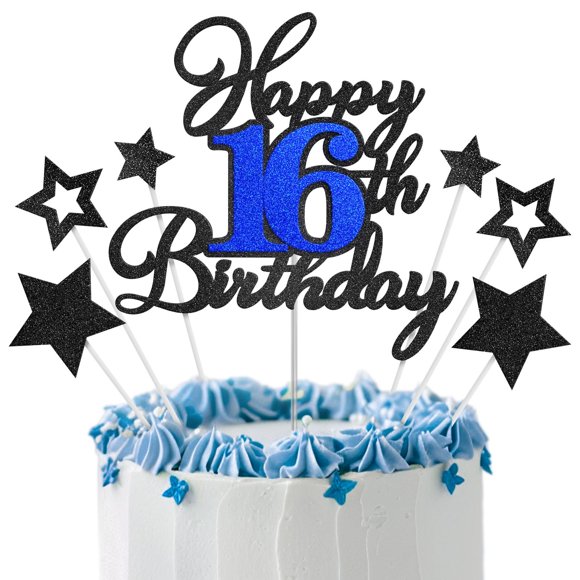 Decoración para tartas OfficCreative con purpurina para cumpleaños número 16, color negro y azul