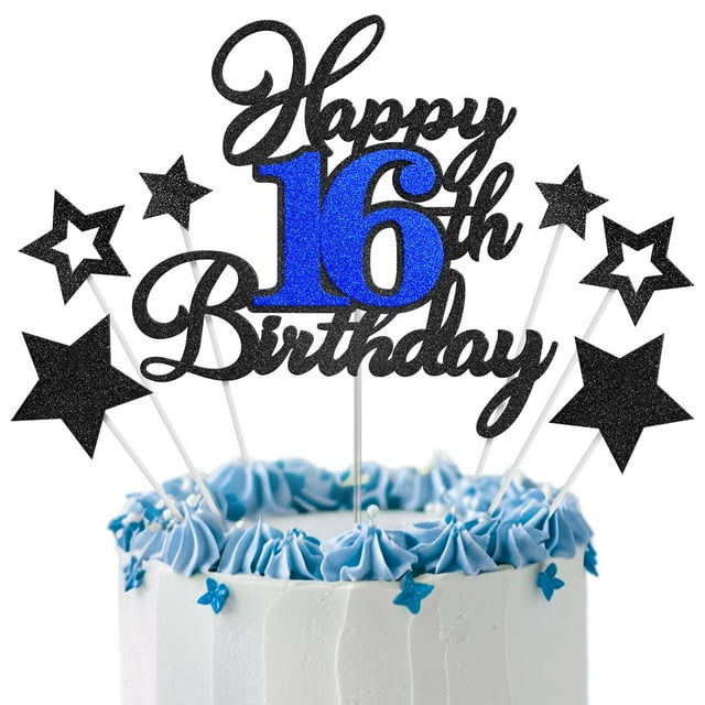 Decoración para tartas OfficCreative con purpurina para cumpleaños número 16, color negro y azul