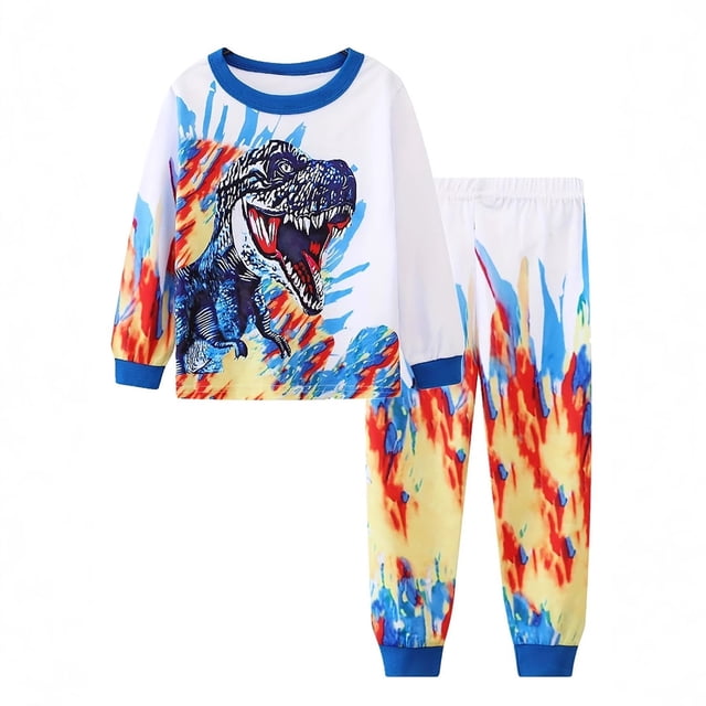 Ensemble de Pyjamas pour Petites Filles Imprimé Dinosaure Col Rond Chandail-Over Haut Pyjamas d'Été Ensemble Pyjamas pour Tout-Petits Garçons 8T
