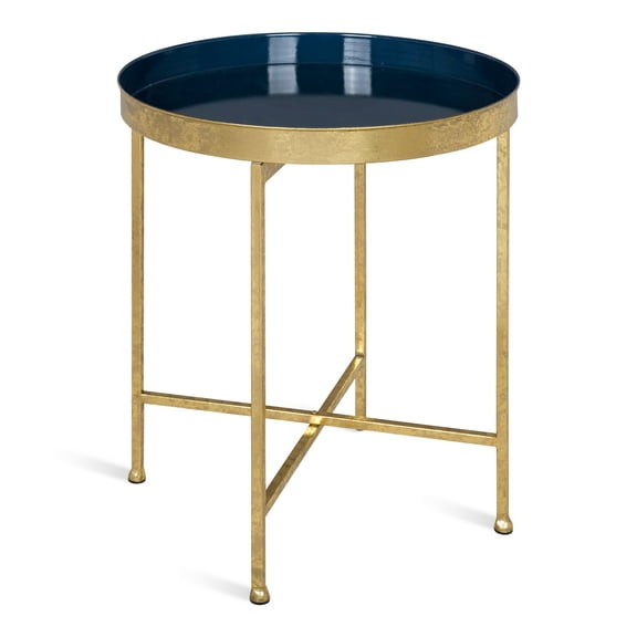 Kate and Laurel Celia 18-Inch Round Metal Foldable Tray Accent Table, Navy and Gold