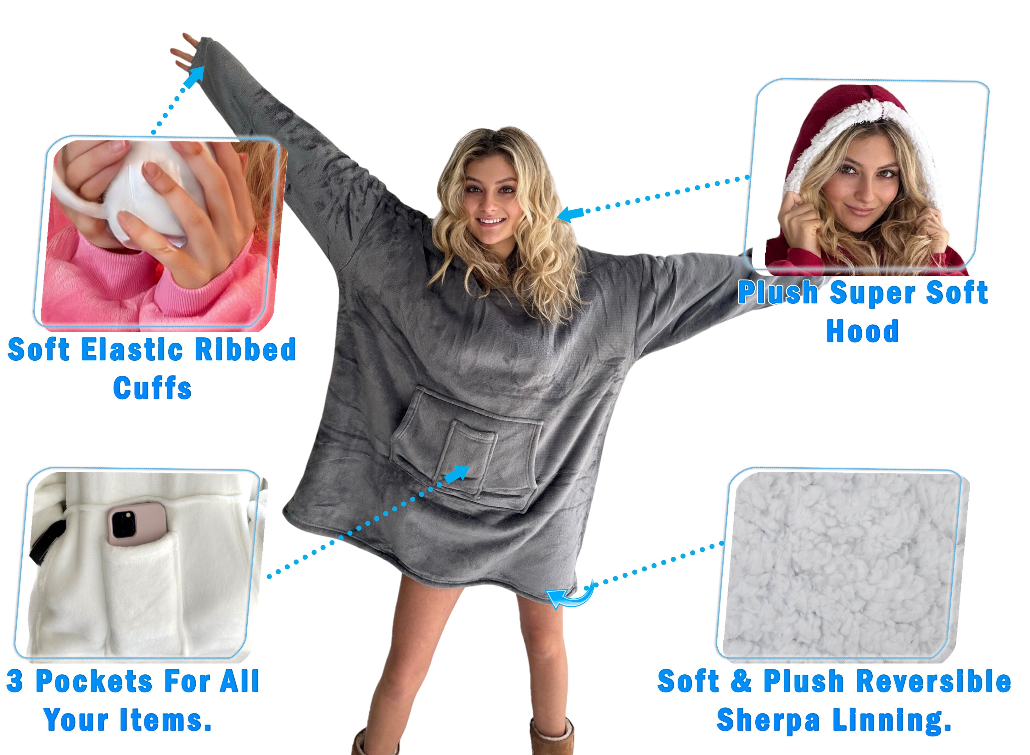 Oversized Sherpa Hoodie Sweatshirt - Warm Luxurious Fleece Microfiber Hoodie Blanket - Cozy, Reversible, Hooded, w/ Comfortable Large Pockets - Large Unisex Grey