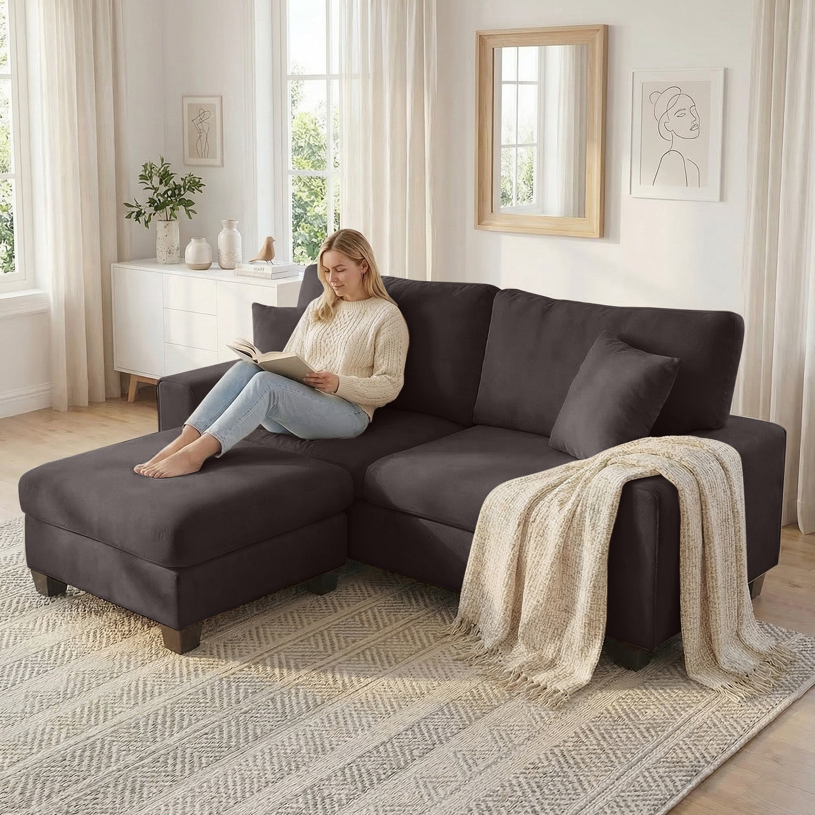 Poshby 88.58''W Sectional Sofa 3 Seater Couch with Chenille, Modern Square Arm for Living Room, Dark Gray