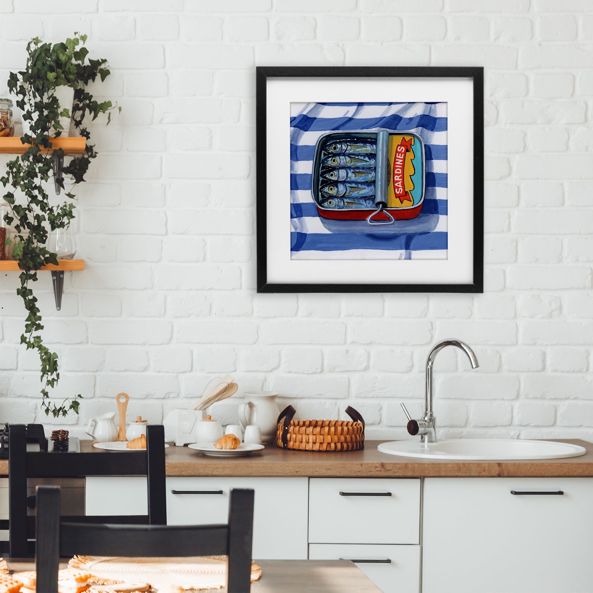 Stupell Industries Sardines On Striped Cloth Black Framed Print Under Glass, design by Kate Jarvik Birch
