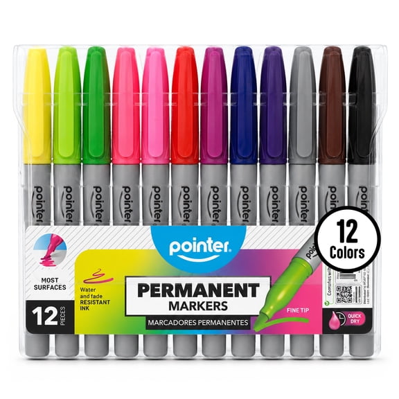 Pointer Permanent Markers, Fine Tip, Assorted Colors, 12 Count