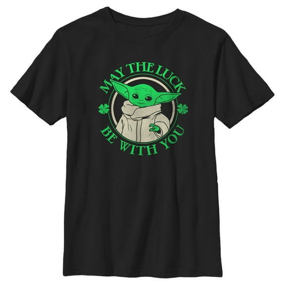 Boy's Star Wars: The Mandalorian Grogu St. Patrick's Day May the Luck Be With You  Graphic Tee Black X Small
