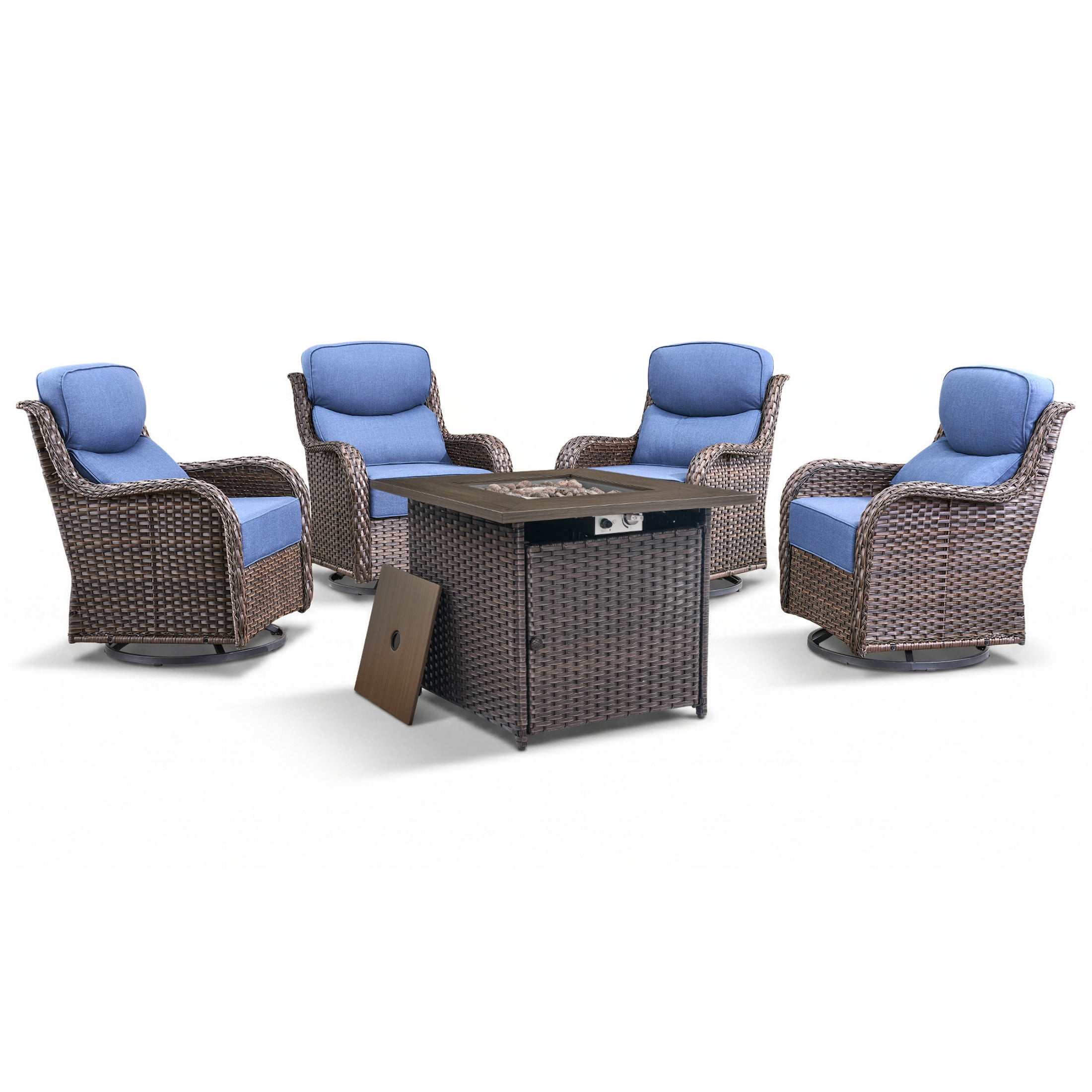Unnifurnzi 5 Pieces Outdoor Patio Furniture Set with Fire Pit-Outdoor Swivel Chairs Set of 4 Small Patio Furniture Set for Deck Porch Poolside-Brown/Blue