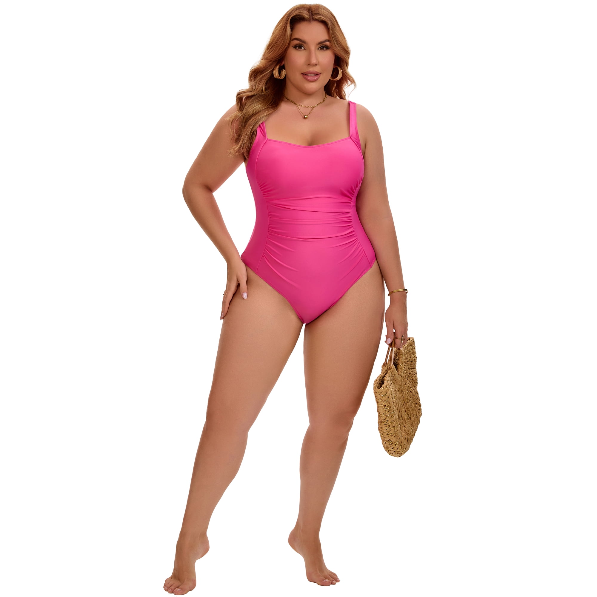 DARING DIVA Women's Plus 1 Piece Push Up Tummy Control Swimsuit L Hot Pink