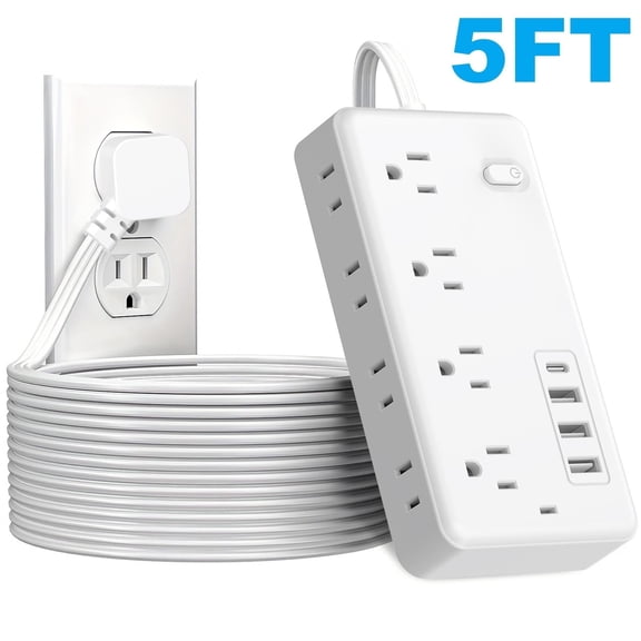 Flat Plug Surge Protector Outlet Extender Power Strip with Extension Cord, 8 AC Outlets, 4 USB Charging Ports (3 USB A & 1 USB C), Desk Charging Station, Compact Power Strip Outlet Extender for Home