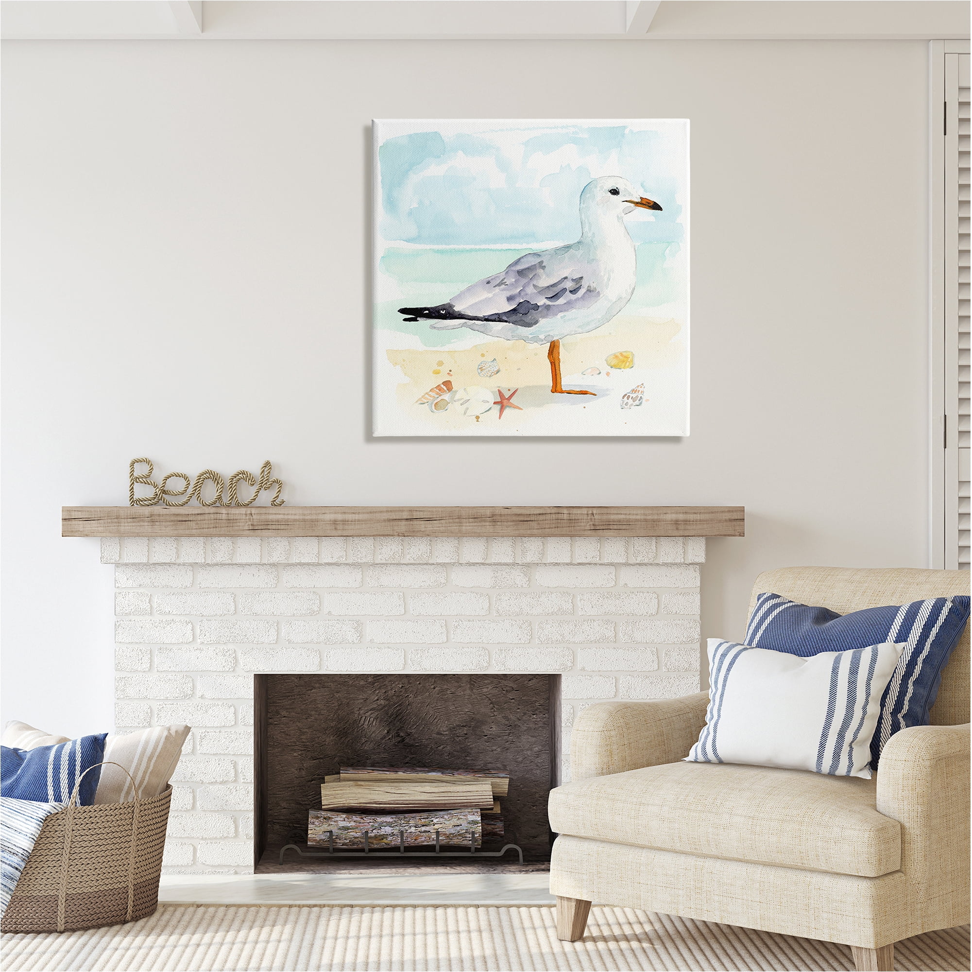 Stupell Industries Seagull & Seashells on Shore Animals & Insects Painting Gallery Wrapped Canvas Art Print Wall Art, 30 x 30
