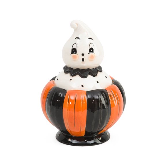 Halloween Ghost Candy Jar, Resin Spooky Ghost Topper Storage Container with Pumpkin Base, Airtight Candy Bowl for Kitchen Counter, Party Favors & Home Decor