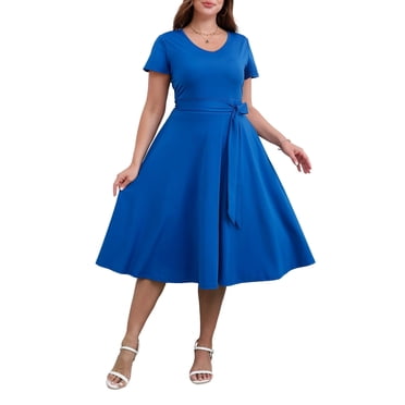 FOLUNSI Women's Plus size Dresses Casual V-Neck Midi Dress Wedding Guest Dress with Pockets Royal Blue-3XL