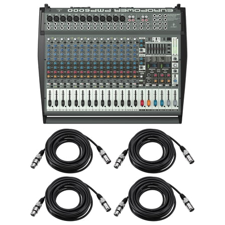 Behringer EUROPOWER PMP6000 1600W 20-Channel Powered Mixer, Bundle with 4x 25' XLR Microphone Cable