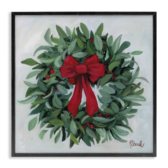 Stupell Industries Farmhouse Wreath with Red Bow Black Framed Giclee Art, 12 x 12, by Kate Sherrill