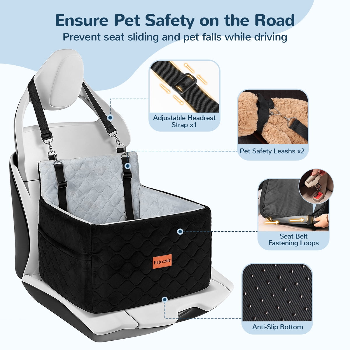 Dog Booster Car Seat for Small/Medium Dogs Up to 35lbs, DOMIPET Pet Car Travel Bed with Storage Pockets & Safety Belt, Elevated Cushion Fully Detachable and Washable