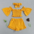 thumbnail image 5 of Coerni Baby Toddler Girls Clothes Solid Colour One Shoulder Flared Sleeve Top Ruffle Shorts Set Girls Summer Outfits, 5 of 5