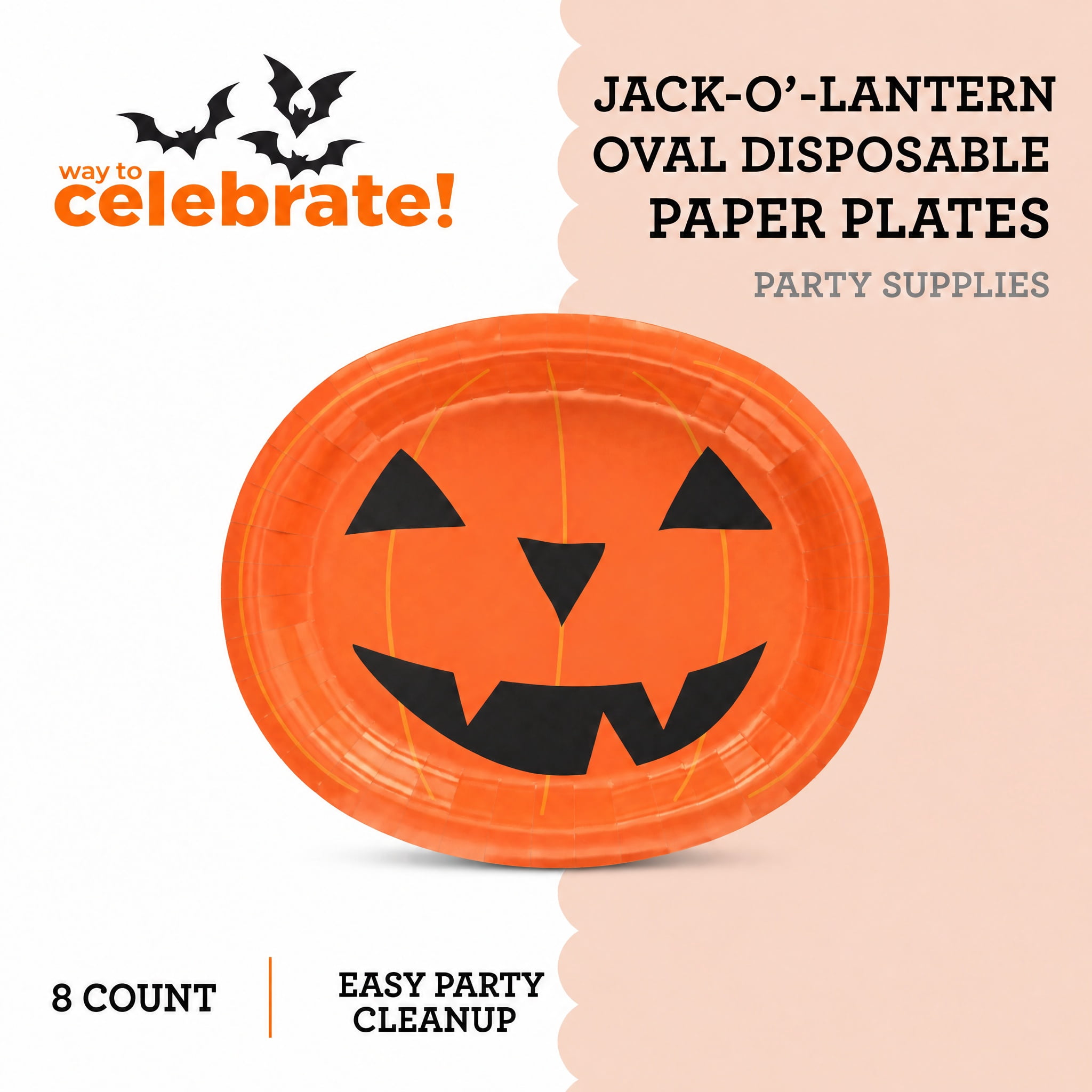 Jack-o'-Lantern Oval Disposable Paper Plates, Multicolor, 12" x 10", 8 Count, Halloween by Way To Celebrate