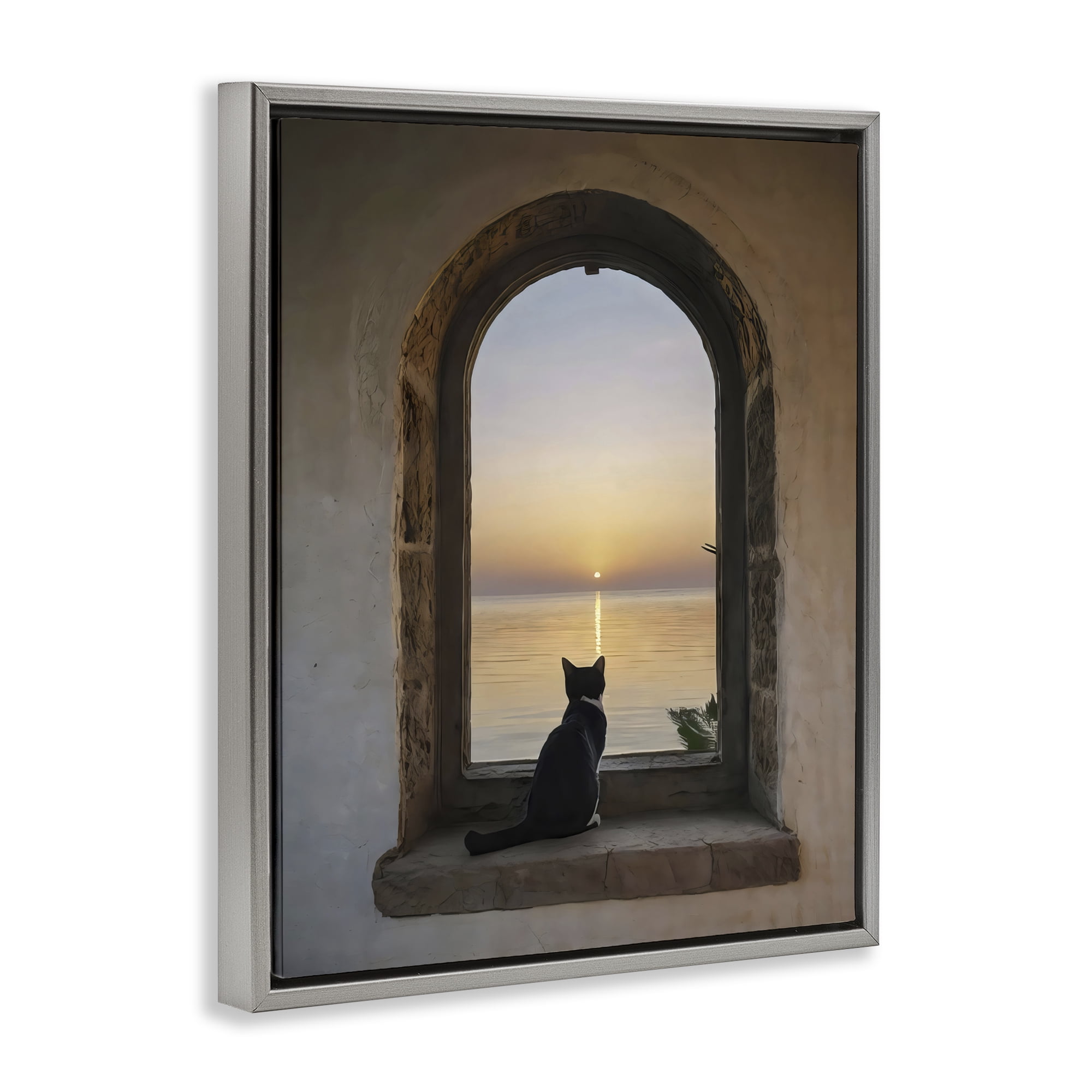 Stupell Industries Cat Overlooking Water at Sunset Gray Framed Floater Canvas Wall Art, design by Creative Studio