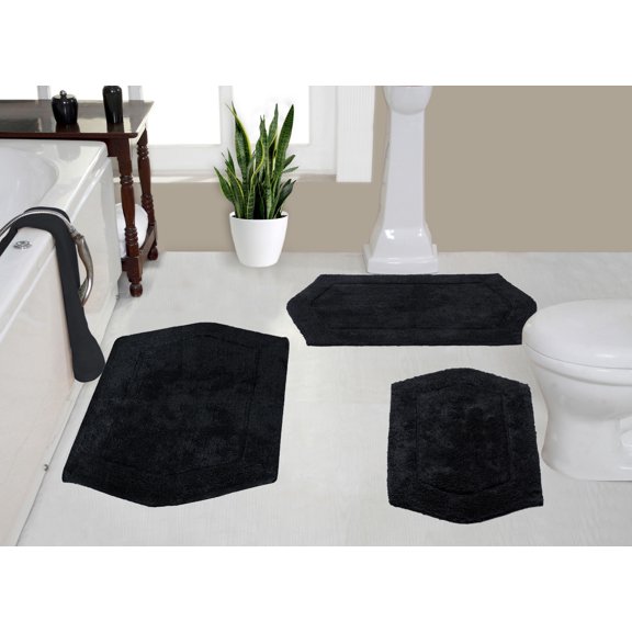 Home Weavers Waterford Collection 100% Cotton Non-Slip Bathroom Rug Set Machine Washable Bathroom Rug-17"x24", Bath Rug- 21"x34", Bathroom Rug- 24"x40", Black Color 3 Piece Bath Rug set