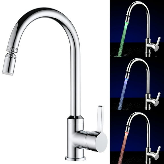 LED Chrome Kitchen Sink Faucet Pull Out Sprayer - Single Handle Swivel Mixer Spout, 360 Rotation, LED Changes Color with Water Temperature