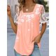 thumbnail image 2 of Camiseta estampada plisada con cuello cuadrado para mujer, camisetas de manga corta con empalme de encaje, Tops holgados informales para mujer 2023, 2 of 3