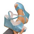 thumbnail image 4 of CYMMPU Women's Fish Mouth Open Toe Glitter Wedge Sandals, Adjustable Ankle Strap Platform Heels, Fashion Summer Casual Outdoor Beach Shoes Sky Blue 39, 4 of 9