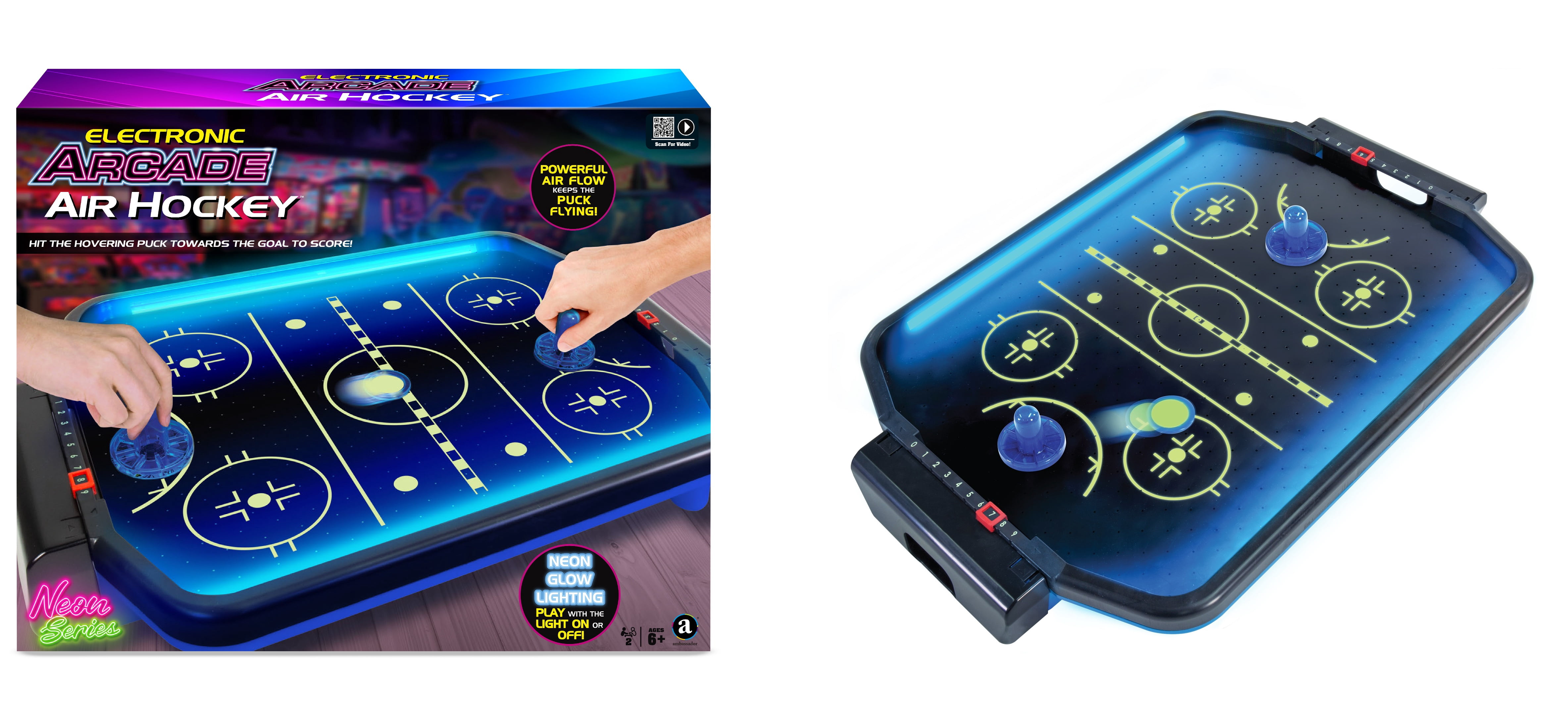 Ambassador Electronic Arcade Air Hockey Table with Neon Lights and Glow in The Dark Features, for Family and Kids Play, Ages 6 and Over